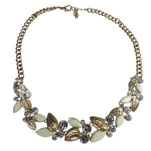 Regency Hollywood Bridgerton Leaf Bib Necklace Floral Rhinestone Gold Tone 19"